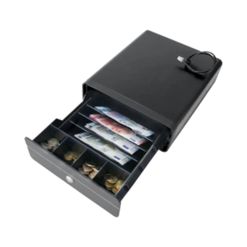 Maken Mini Cash Drawer - Black, Epson Rj11 Printer Kick, 4 Bill 4 Coin, 1 Meter Cable, 2-Position Lock