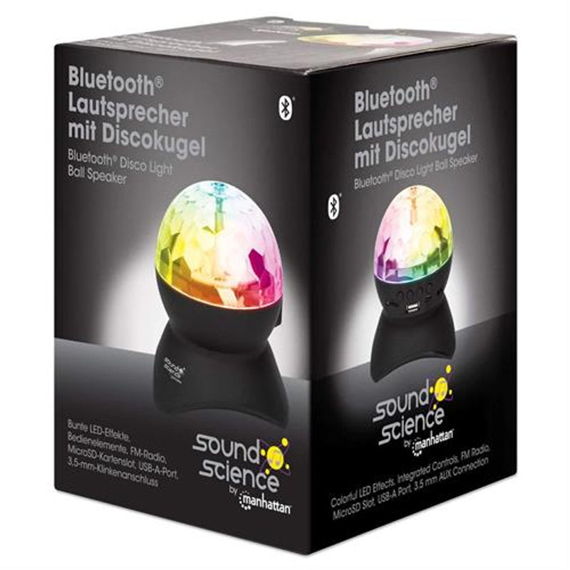 Manhattan Sound Science Bluetooth Disco Light Ball Speaker II - Colorful LED Effects Integrated Controls FM Radio MicroSD Slot USB-A Port 3.5 mm AUX Connection Black 1 year Limited Warranty
